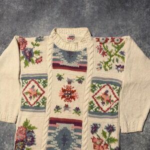 Vintage Women's Knit Sweater Floral Patchwork Cable Knit Cream Large